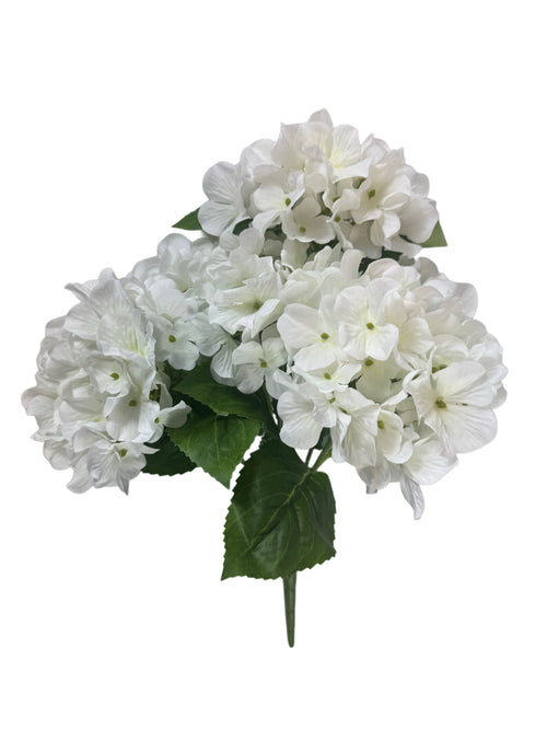 Artificial Bloom white hydrangea bouquet with realistic fabric petals and green leaves for elegant home decor