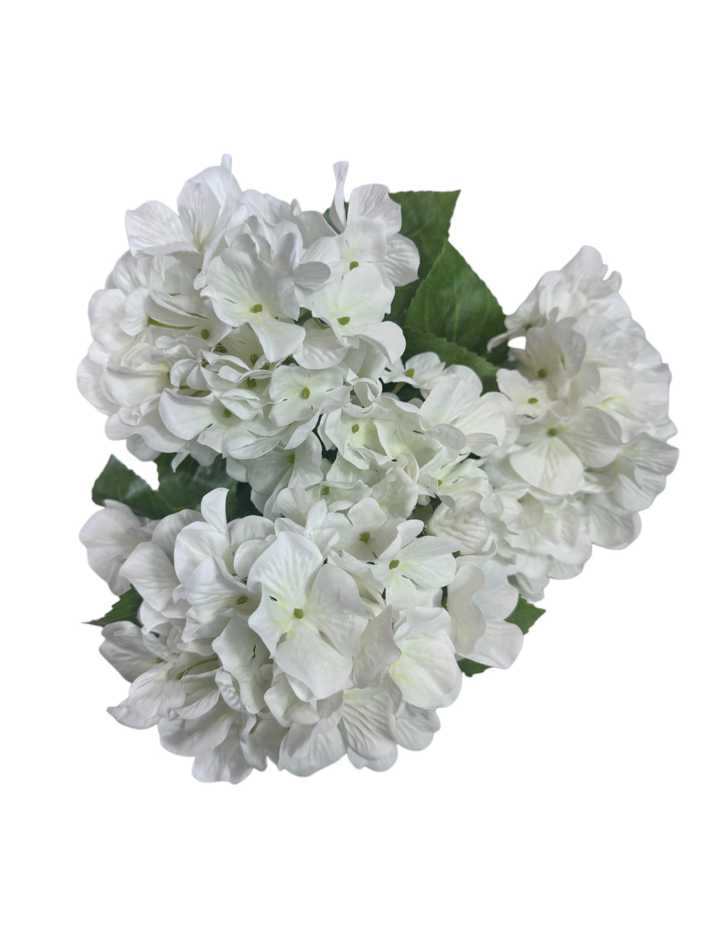 Artificial Bloom white hydrangea bouquet with lush fabric petals and green leaves for elegant home decor
