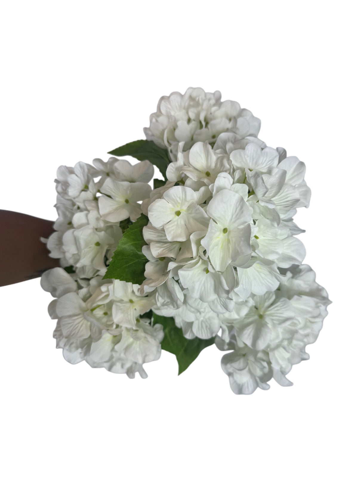 Artificial Bloom white hydrangea bouquet with lush fabric petals and green leaves for elegant home decor