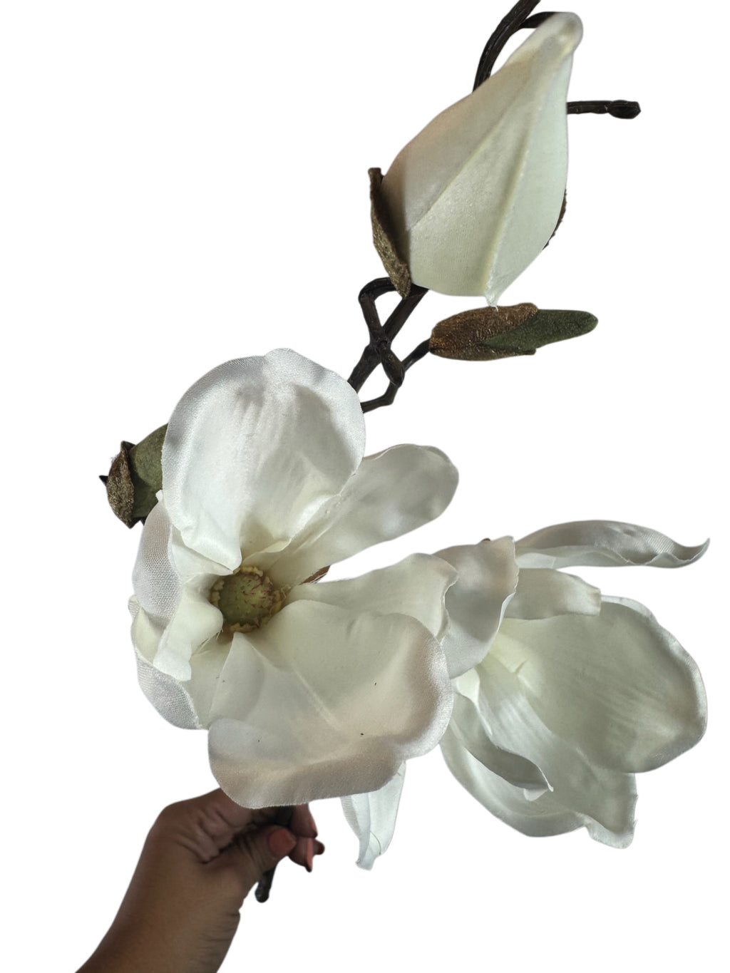 Artificial Bloom artificial magnolia flower stem with two creamy white fabric blossoms and realistic buds on a brown stem