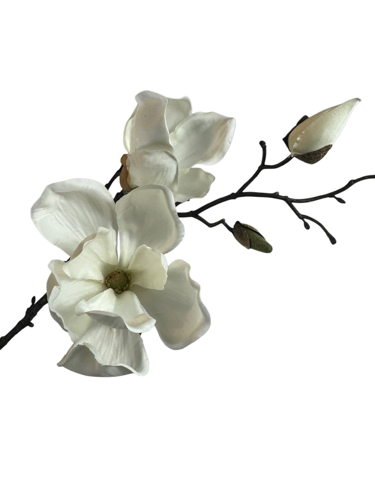 Artificial Bloom magnolia stem with two creamy white fabric flowers and realistic buds on a textured brown branch.