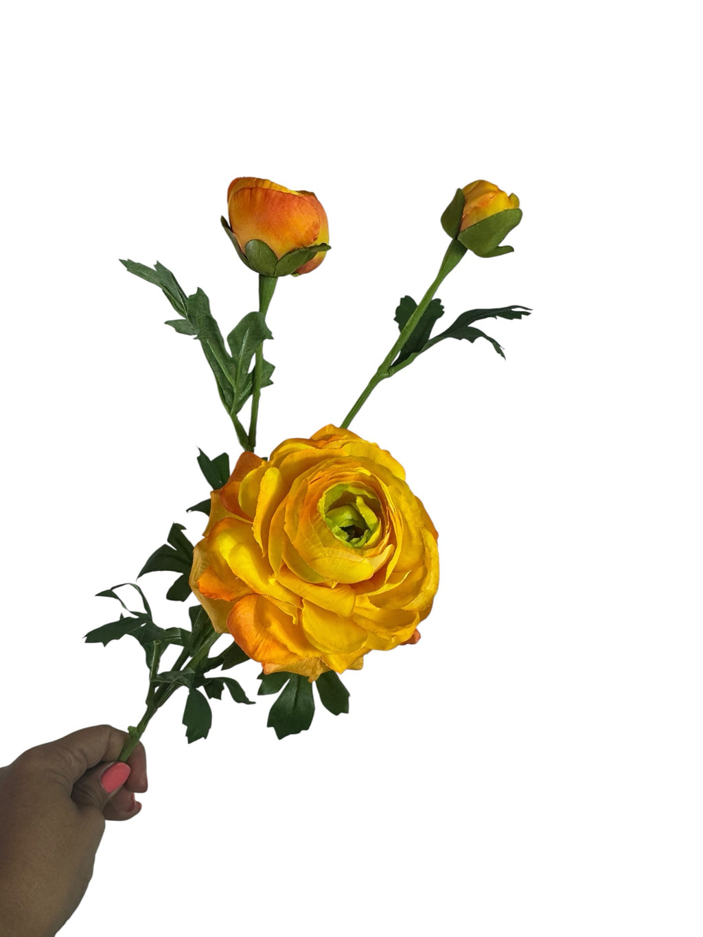 Artificial Bloom yellow and orange faux ranunculus stem with realistic layered petals and green buds held in a hand