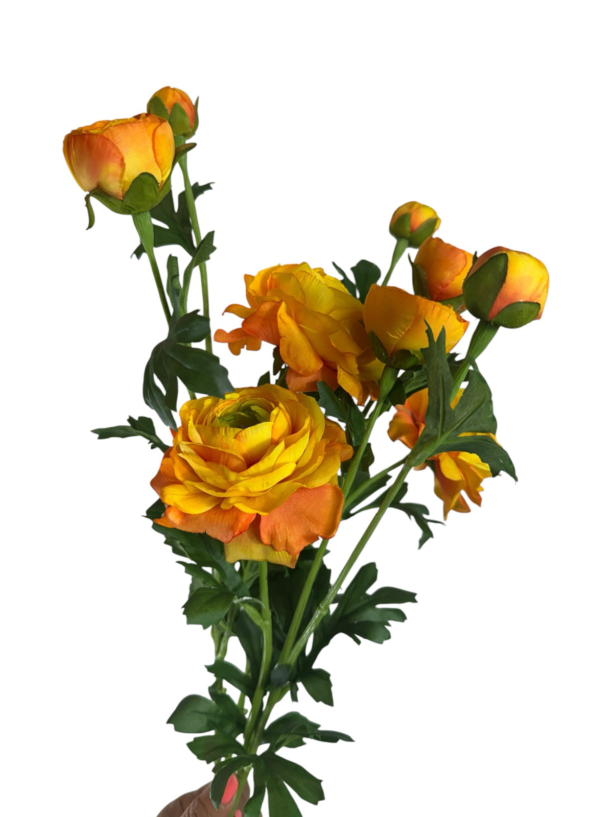 Artificial Bloom artificial ranunculus spray with vibrant yellow and orange layered petals and green leaves