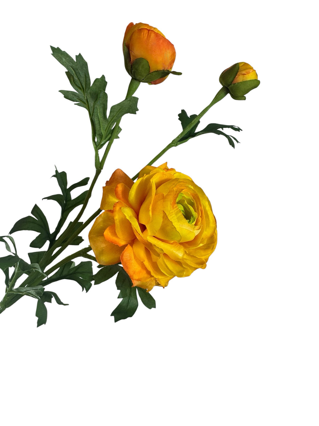 Artificial Bloom decorative ranunculus stem with vibrant yellow and orange layered petals, green leaves, and flower buds.