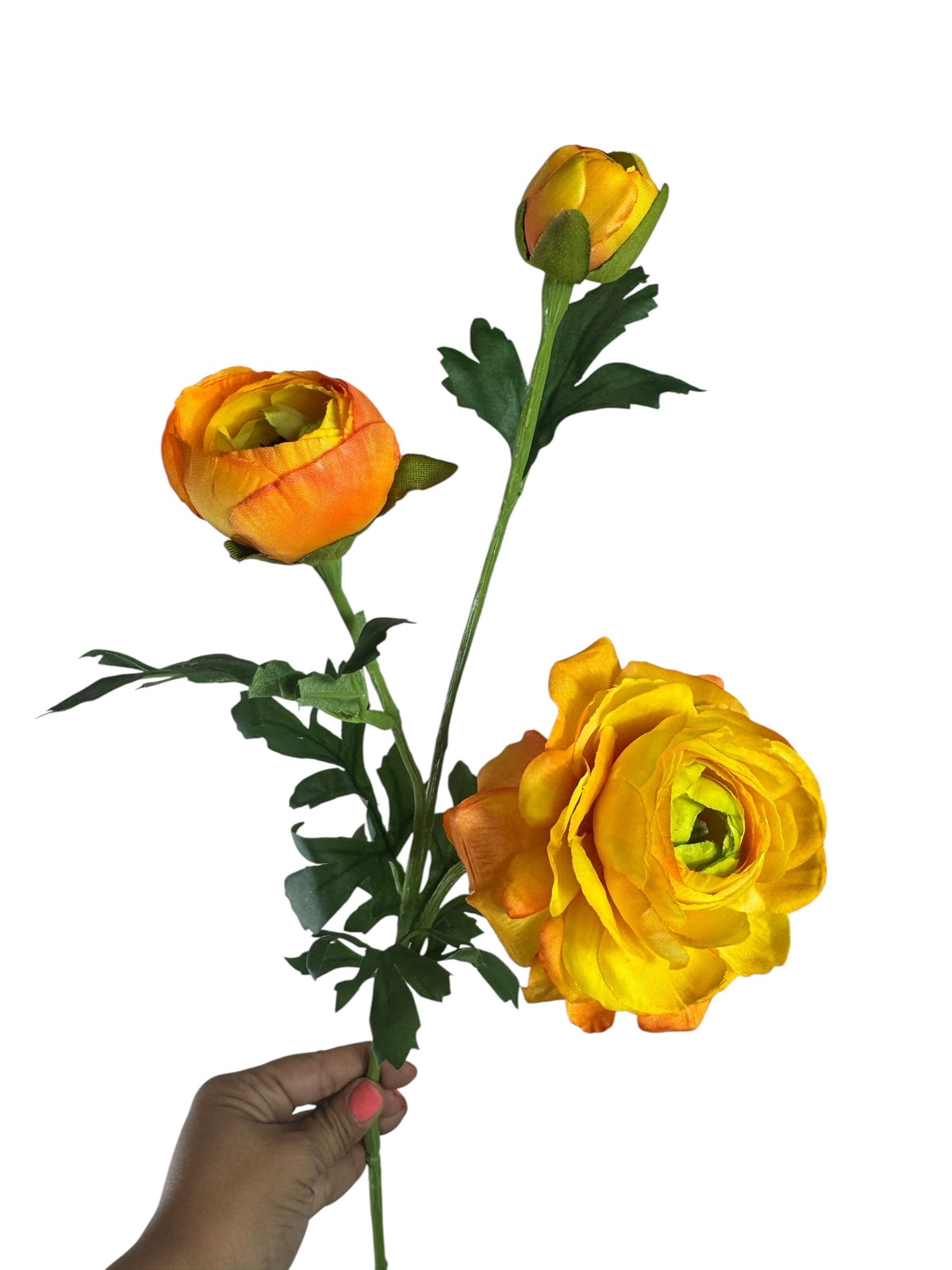 Artificial Bloom artificial ranunculus stem with yellow and orange layered petals, green leaves, and flower buds.