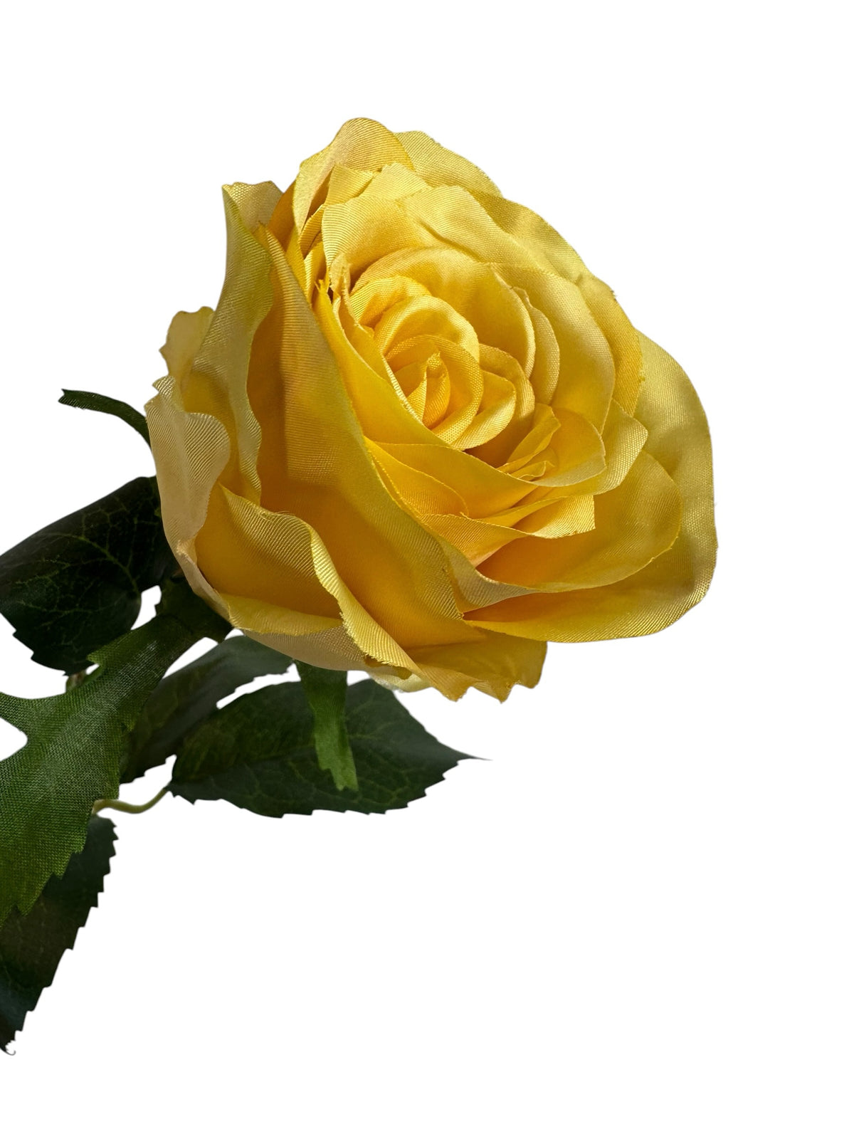 Artificial Bloom yellow silk rose stem with realistic green leaves and layered petals for home decor