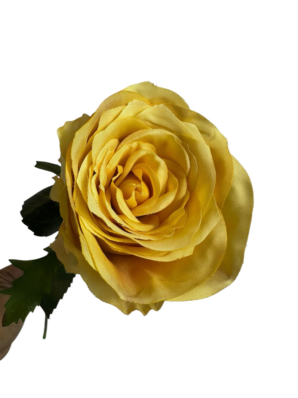 Artificial Bloom vibrant yellow silk rose stem with realistic layered petals and green leaves on a white background