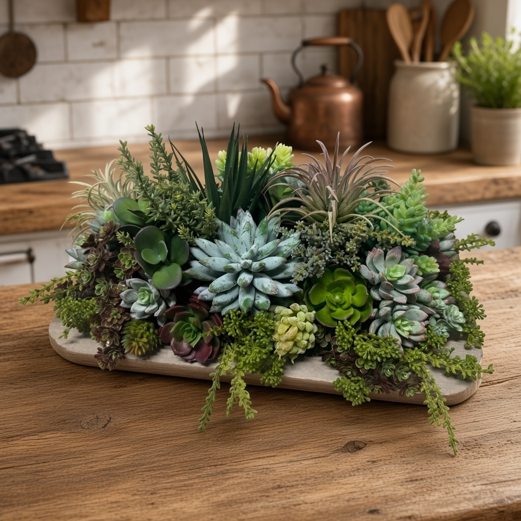 17" Long Faux Succulent Floral Arrangement in Low Wooden Gray Container
