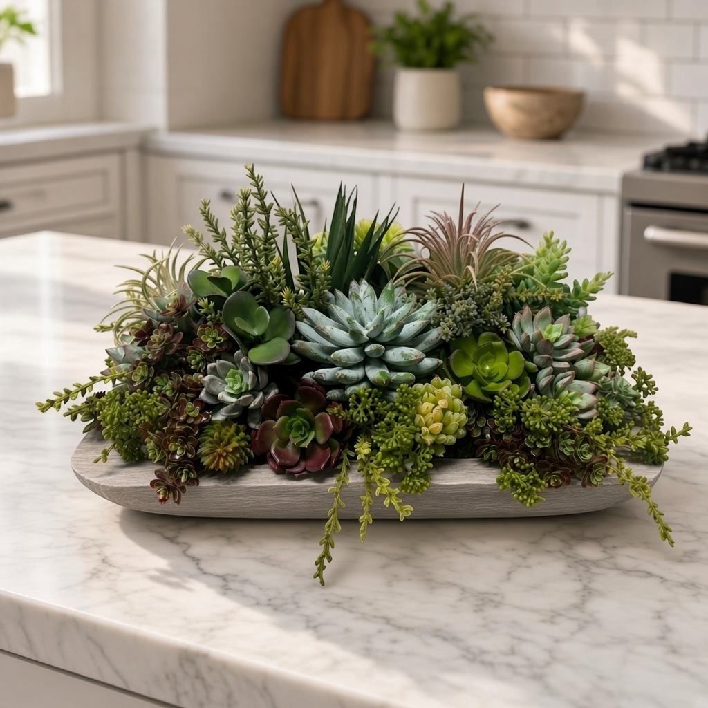 17" Long Faux Succulent Floral Arrangement in Low Wooden Gray Container