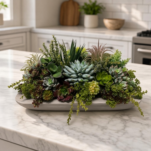 17" Long Faux Succulent Floral Arrangement in Low Wooden Gray Container