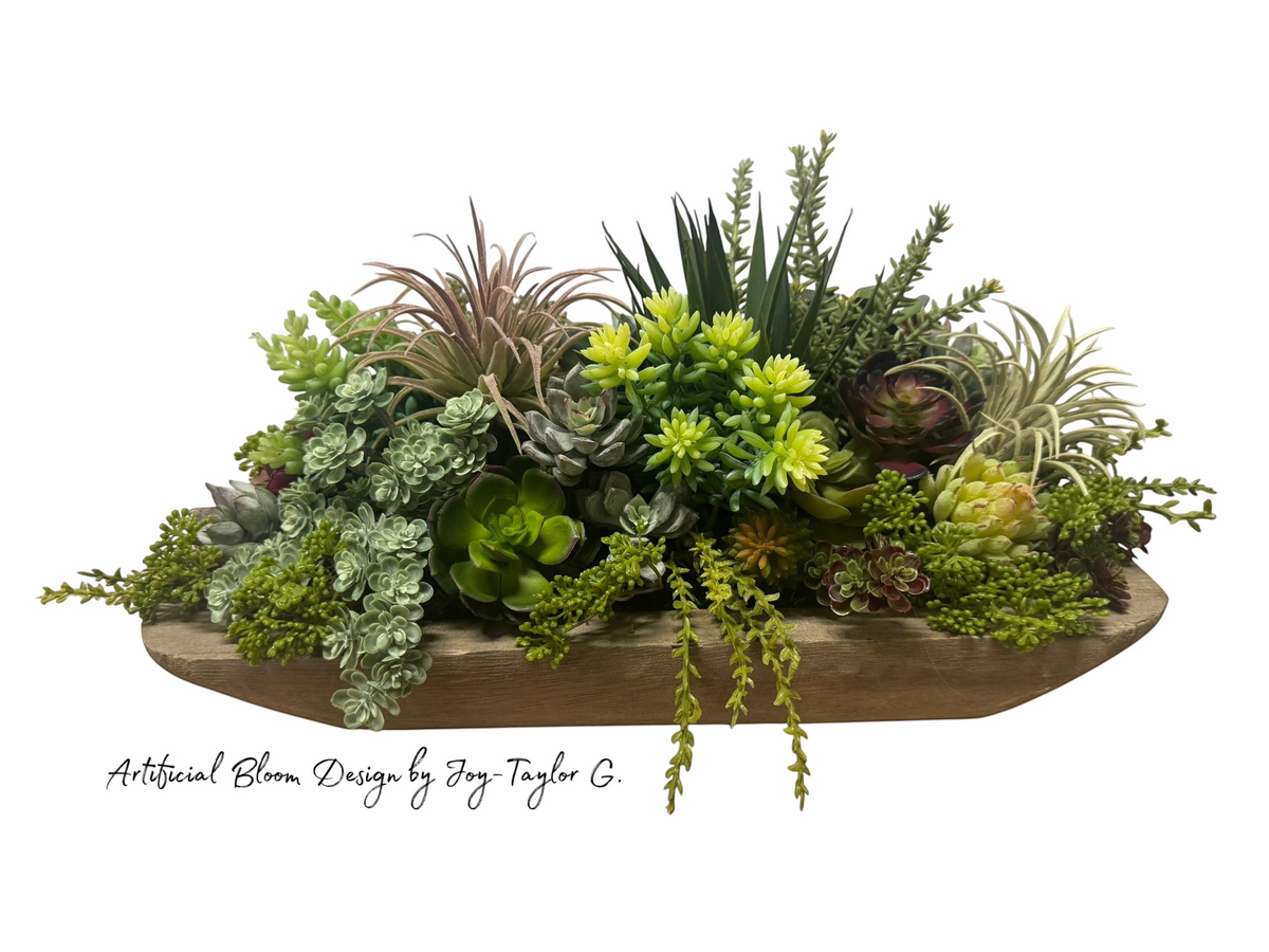 17" Long Faux Succulent Floral Arrangement in Low Wooden Gray Container