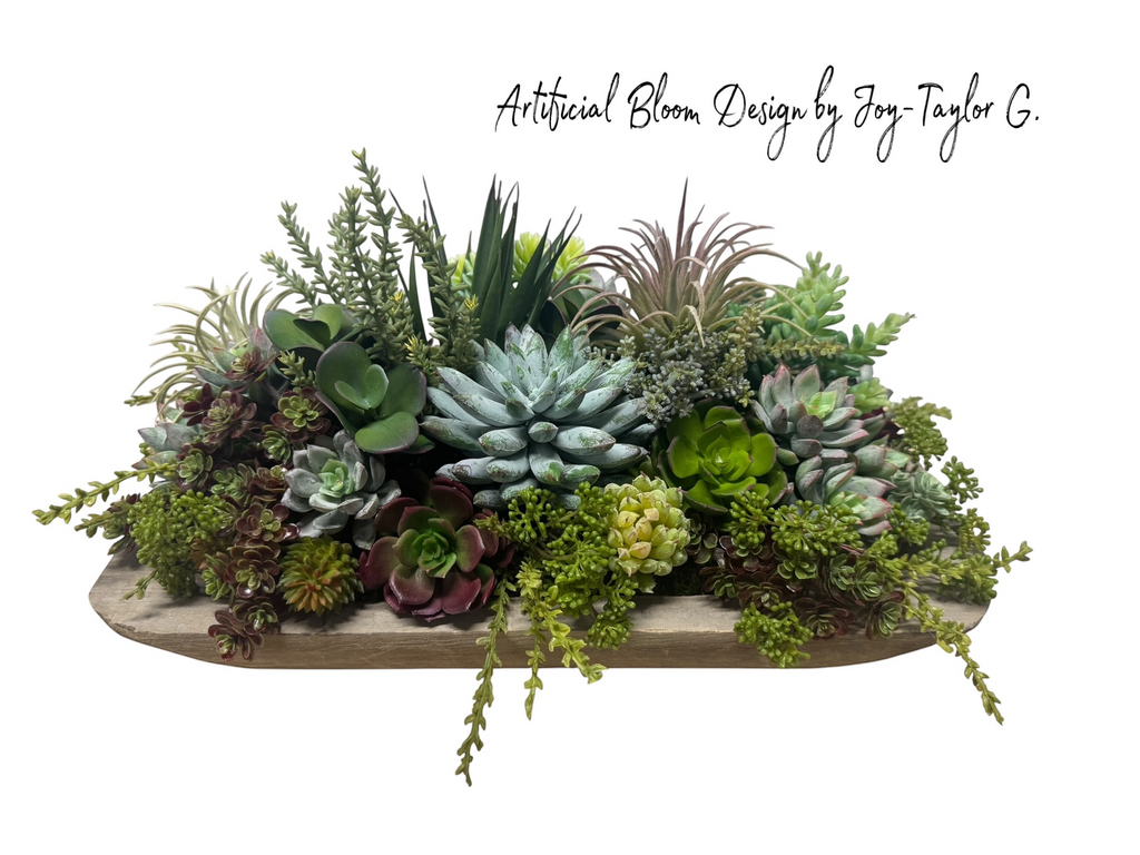 17" Long Faux Succulent Floral Arrangement in Low Wooden Gray Container