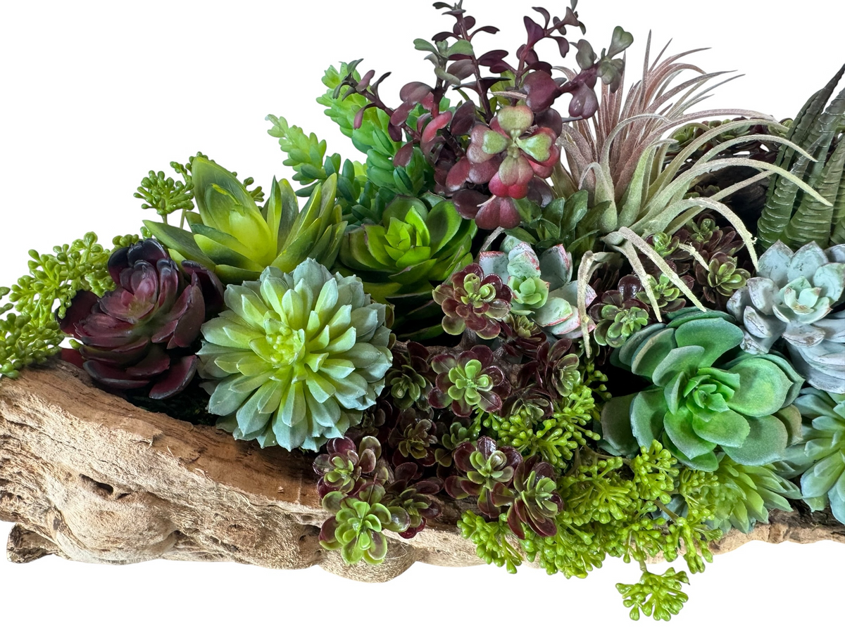 21.5" Long Faux Succulent Arrangement in Grape Wood Log